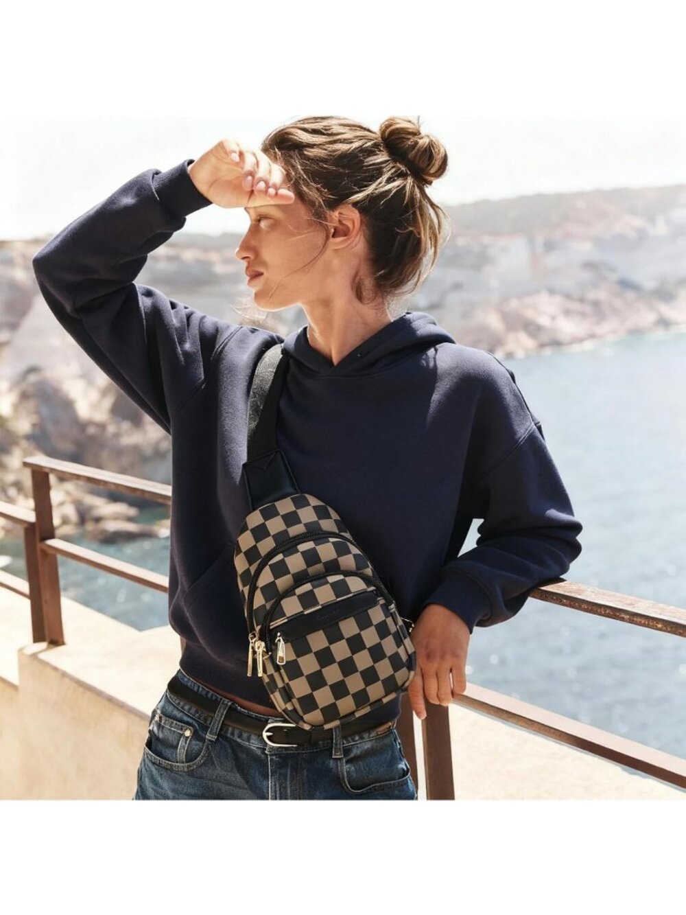 Women's Checkered Coffee Leather Sling Fanny Pack Chest Travel Purse Crossbody B - Picture 2 of 6